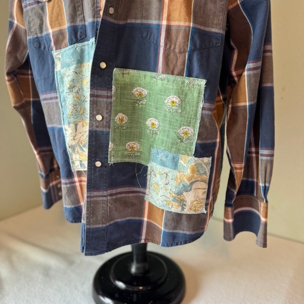 Upcycled Wrangler Custom Western Shirt Plaid Pearl Snap Bird Floral Blue Brown - Picture 5 of 8